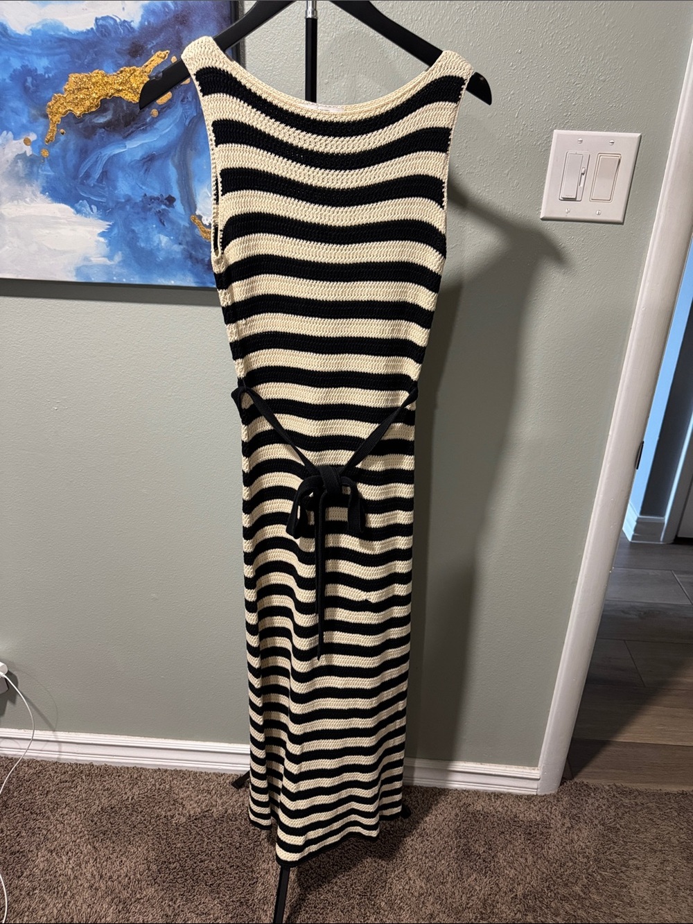 Jason Wu Black and Cream Striped Knit Maxi Dress with Waist Tie